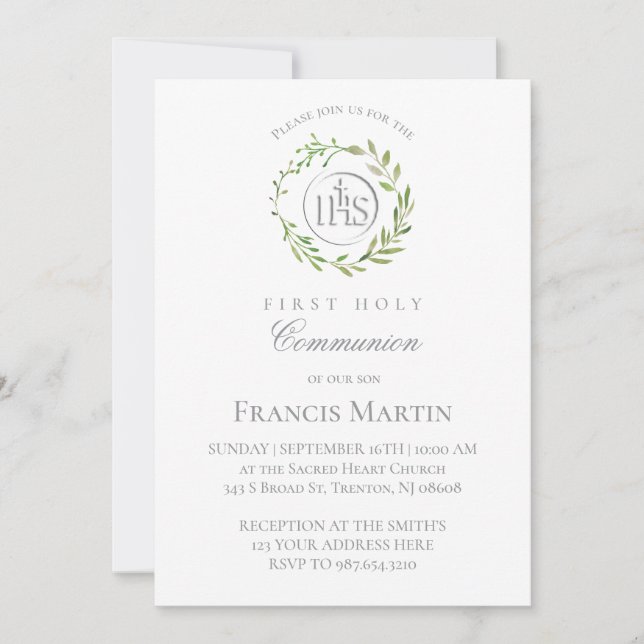 Convite  green wreath first holy communion (Frente)