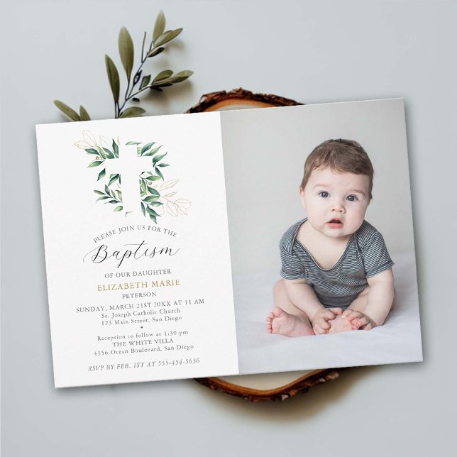 Convite Greenere Dourado Foliage Baby Toddler Foto Baptism (baby baptism photo invitation christening greenery foliage gold elegant classy simple delicate soft)