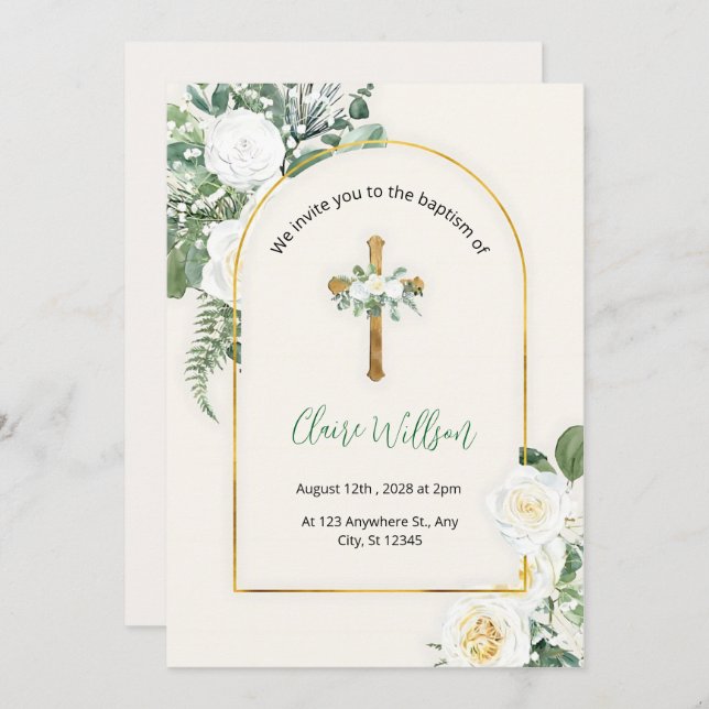 Convite Greenerescência E Dourado Natal Do Batismo (Frente/Verso)