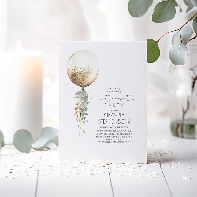 Convite Greenerescência e Dourado Partido da Reforma do Ba (Gold Balloon and Greenery Minimalist Retirement Party Invitations)