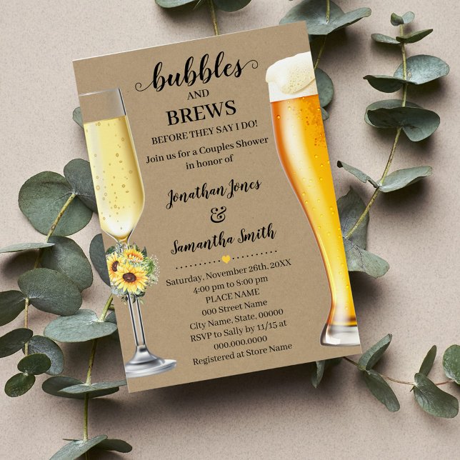 Convite Greenerescência Girassóis Bolhas e Respingos antes (Country Greenery Sunflowers Bubbles & Brews before I do Couples Shower, Western Sunflowers Wedding)