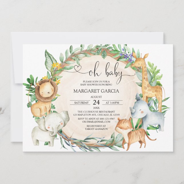 Convite Greenerescência Oh Chá de fraldas de Animais Safar (Frente)