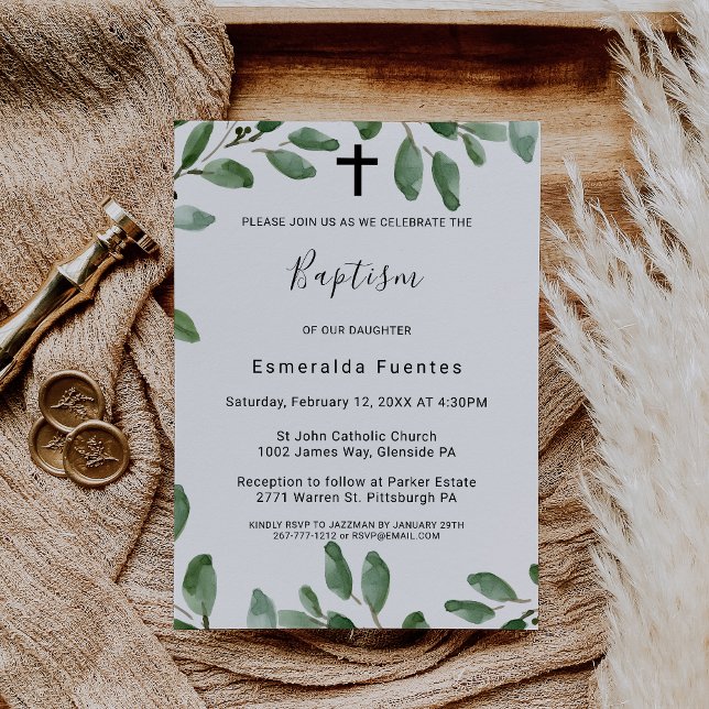 Convite Greenerescência Tropical Eucalyptus Cross Baptism (Criador carregado)