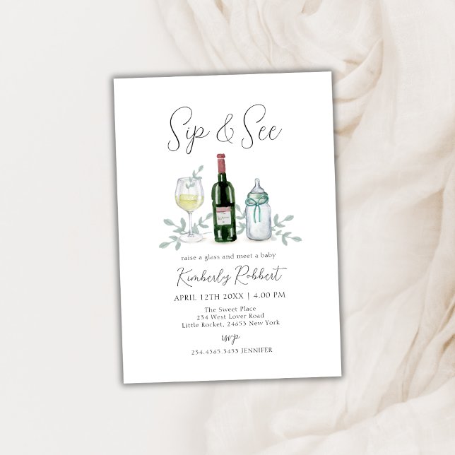 Convite Greenerne Champagne Sip & See Chá de fraldas (Greenery Champagne Sip & See Baby Shower Invitation)