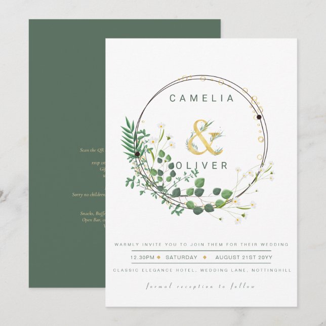 Convite Greenery All-in1 Wreath Verde Casamento com Código (Frente/Verso)