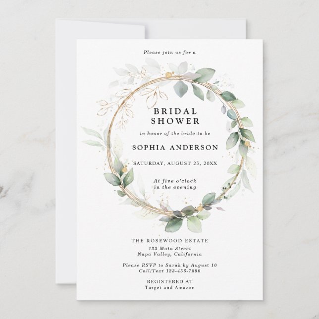 Convite Greenery and Gold Bridal Shower Invitation (Frente)