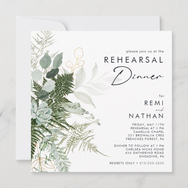 Convite Greenery and Gold Leaf Square Rehearsal Dinner (Frente)