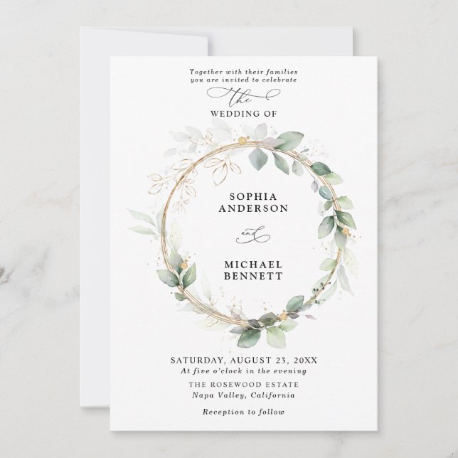 Convite Greenery and Gold Wedding Invitation (Frente)