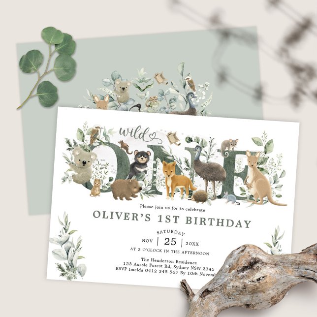 Convite Greenery Australian Animais Selvagens Um primeiro  (Criador carregado)