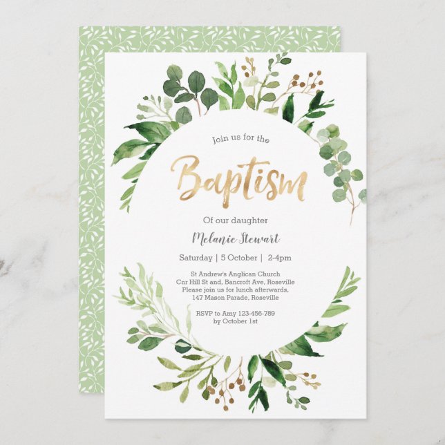 Convite Greenery Baptism (Frente/Verso)