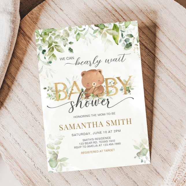 Convite Greenery Bear Baby Shower (Bearly Wait Baby Shower Invitation)