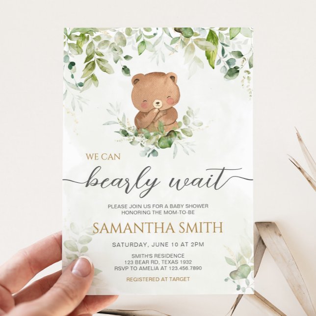 Convite Greenery Bear Baby Shower (Bearly Wait Baby Shower Invitation)