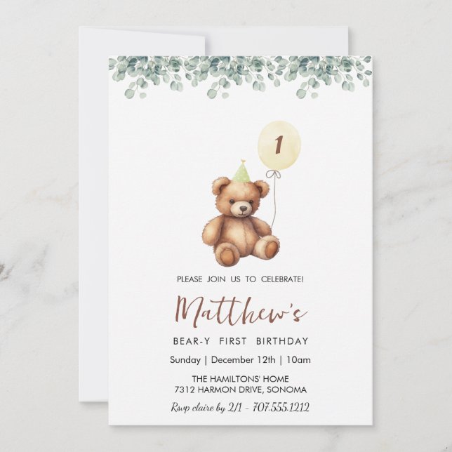 Convite Greenery Bear QUALQUER Idade de aniversário (Frente)