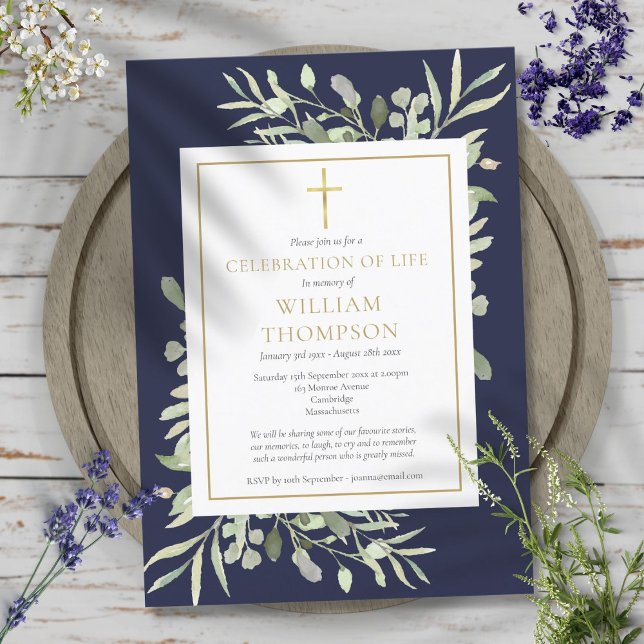 Convite Greenery Blue Celebration of Life Funeral (Greenery Blue Celebration of Life Funeral Invitation)