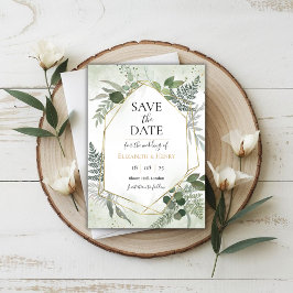 Convite Greenery boho gold geometric watercolour save date
