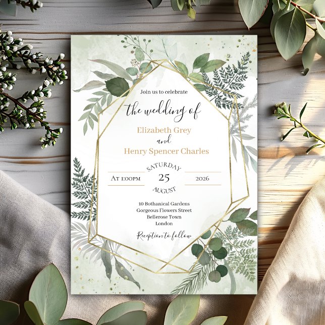 Convite Greenery boho gold geometric watercolour wedding (Criador carregado)