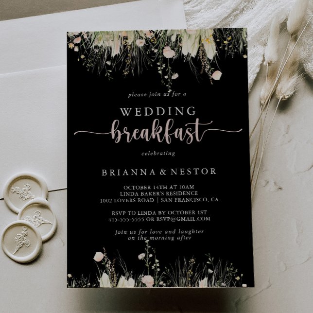 Convite Greenery Boho Wildflower Black Casamento Breakfast (Criador carregado)