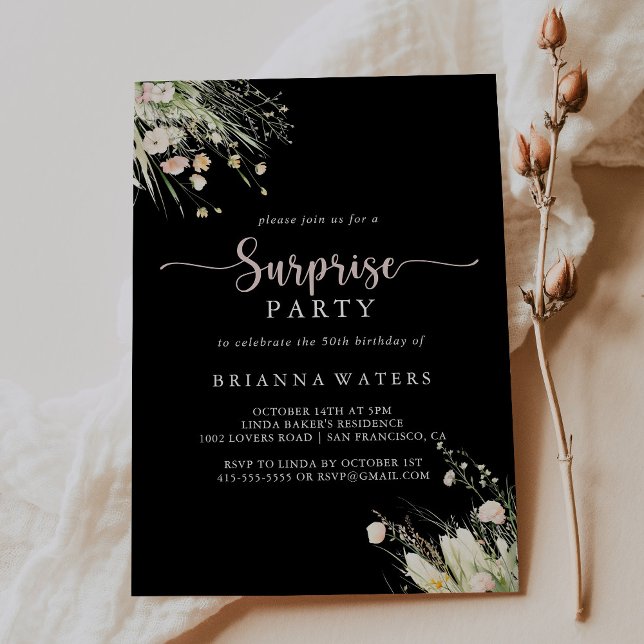 Convite Greenery Boho Wildflower Black Surprise Party (Criador carregado)