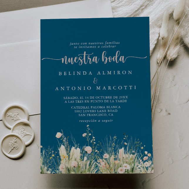 Convite Greenery Boho Wildflower Marinho Nuestra Boda Wedd (Criador carregado)