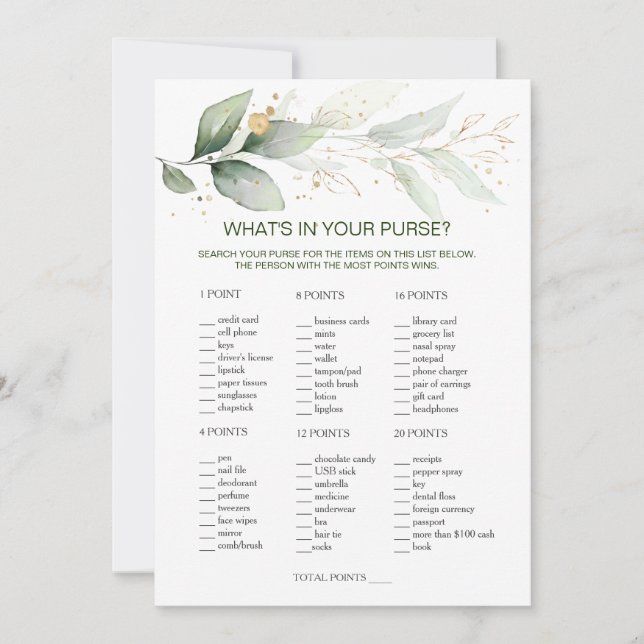 Convite Greenery Bridal Purse Game/Wedding Scramble (Frente)