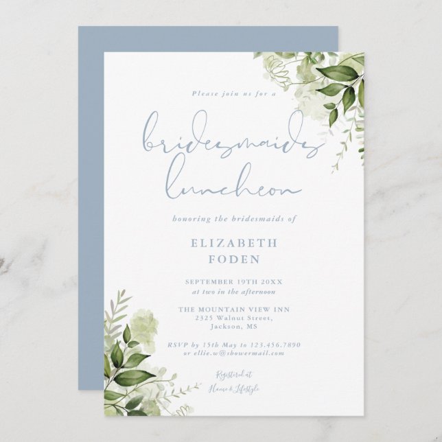 Convite Greenery Bridesmaids Luncheon Dusty Blue (Frente/Verso)