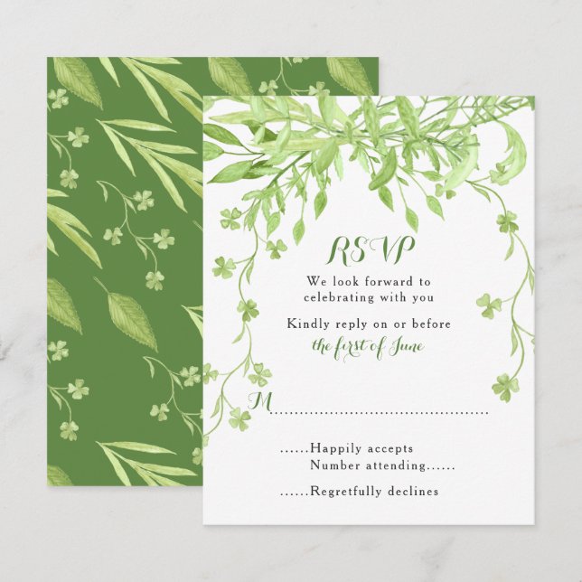 Convite Greenery Clover Floral Wedding RSVP Card (Frente/Verso)