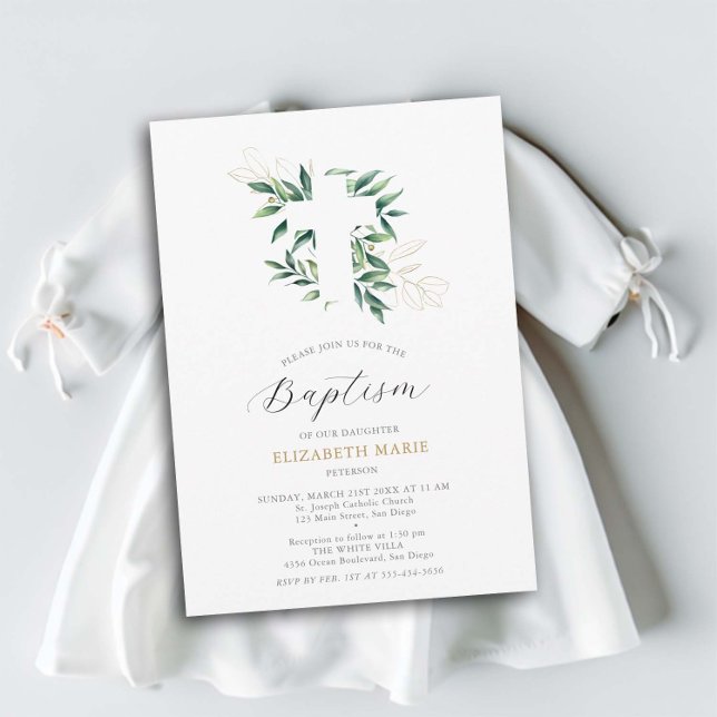 Convite Greenery Cross Dourado Foliage Baby Toddler Baptis (baptism invitation christening baby toddler greenery cross gold foliage elegant classy minimalist)
