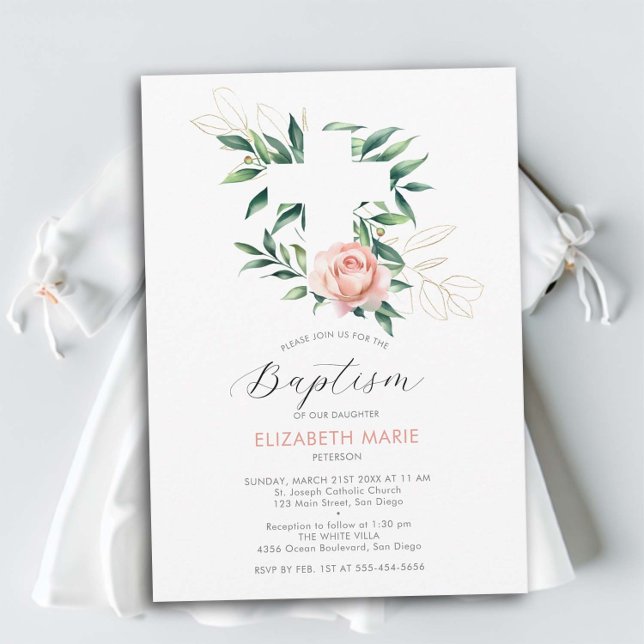 Convite Greenery Cross Pink Blush Dourada Menina Batismo (baby girl baptism invitation christening botanical greenery white cross pink blush rose elegant chic)