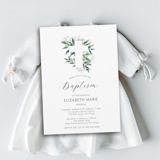 Convite Greenery Cross White Green Baby Baptism (baby child baptism christening invitation white cross greenery botanical foliage watercolor elegant )