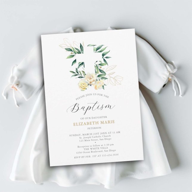 Convite Greenery Cross Yellow Floral Baby Toddler Baptism (greenery white cross yellow floral baby todder baptism christnening invitation elegant modern classy)