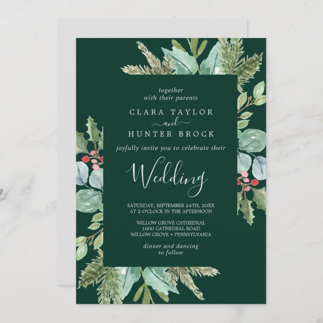 Convite Greenery de Natal e Berry Vermelho | Casamento Ver (Frente/Verso)