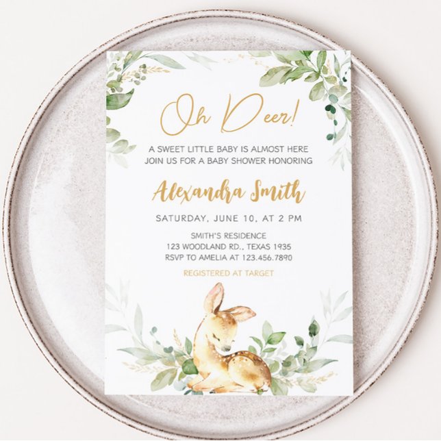 Convite Greenery Deer Chá de fraldas (Woodland Greenery Deer Baby Shower Invitation)
