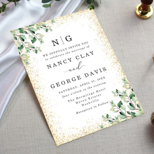 Convite Greenery deixa Dourada Casamento com Monograma (Criador carregado)
