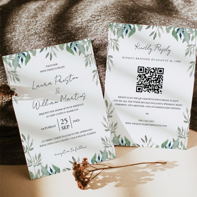 Convite Greenery deixa Frame Código QR Casamento RSVP (Criador carregado)