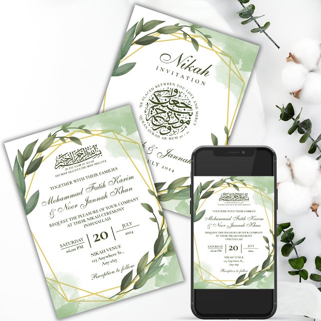 Convite Greenery Dourado Casamento Muçulmano Branco Nikah (Criador carregado)