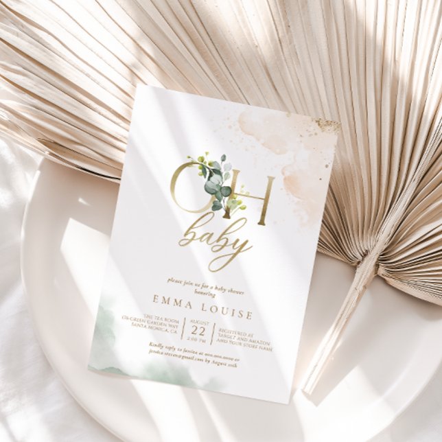 Convite Greenery Dourado Eucalyptus Oh Chá de fraldas (Criador carregado)