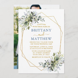 Convite Greenery Dourado Geo Foto de Casamento Dusty Blue