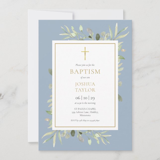 Convite Greenery Dusty Blue Baptism Christening Código QR (Frente)