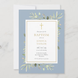 Convite Greenery Dusty Blue Baptism Christening Código QR