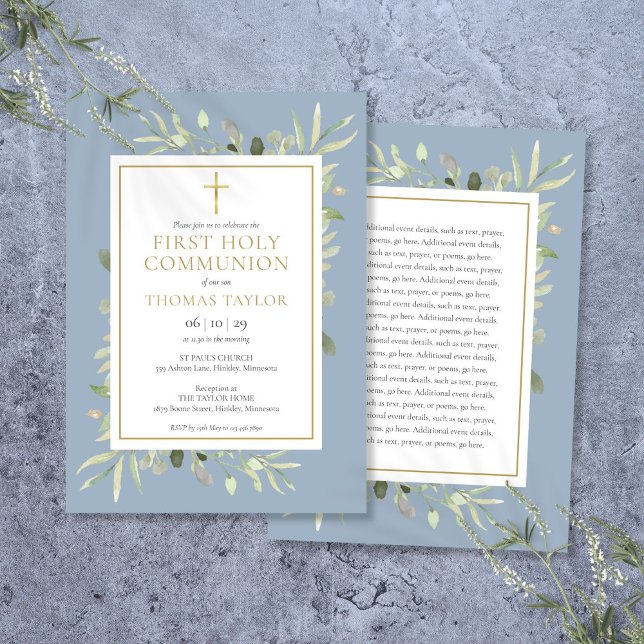 Convite Greenery Dusty Blue Primeira Comunhão Sagrada (Greenery Dusty Blue First Holy Communion Invitation)