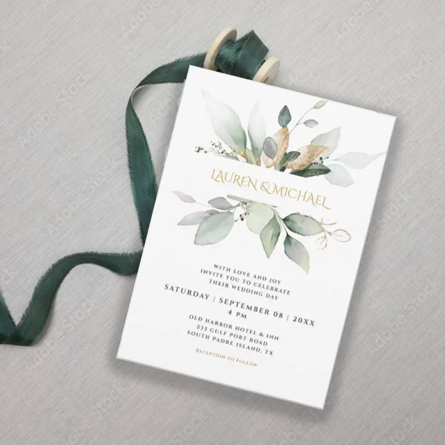 Convite Greenery e Dourado Casamento Eucalyptus (Criador carregado)
