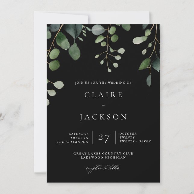 Convite Greenery e Eucalyptus Modern Wedding Black (Frente)