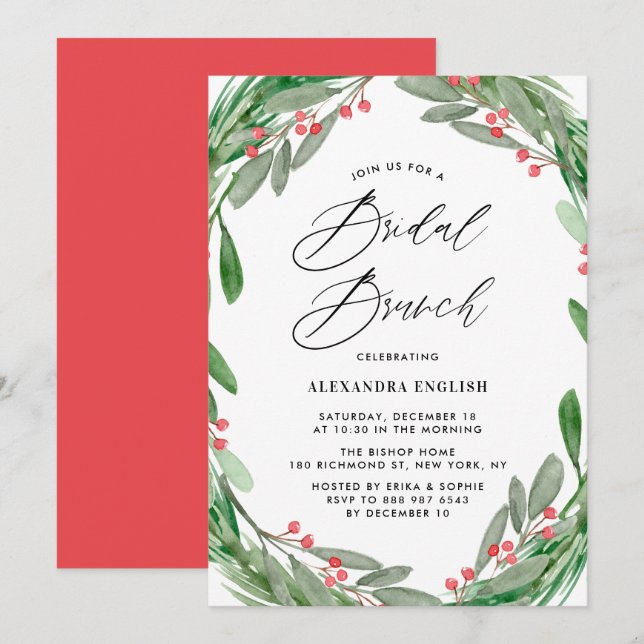 Convite Greenery e Holly Wreath Winter Bridal Brunch (Frente/Verso)