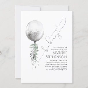 Convite Greenery e Silver Glitter Balão Oh Chá de fralda