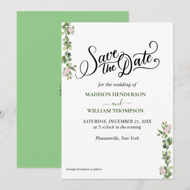 Convite Greenery Elegant e Floral Casamento Salvar a Data (Frente/Verso)