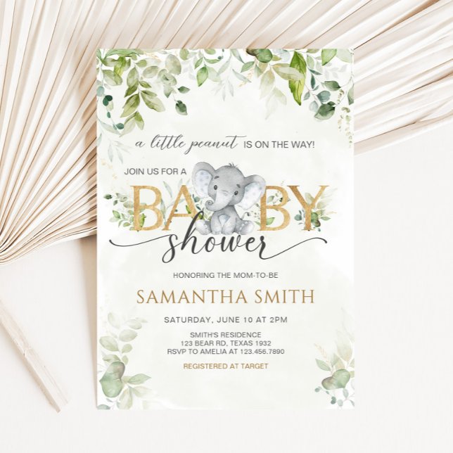 Convite Greenery Elephant Baby Shower (Little Peanut Baby Shower Invitation)