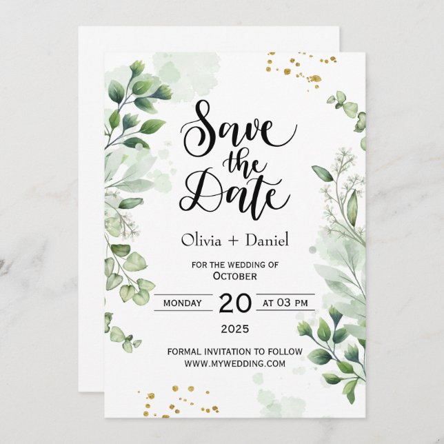Convite Greenery Elopement Wedding Date Invitation (Frente/Verso)