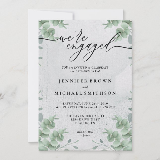 Convite Greenery Eucalyptus Calligraphy We are engaged (Frente)