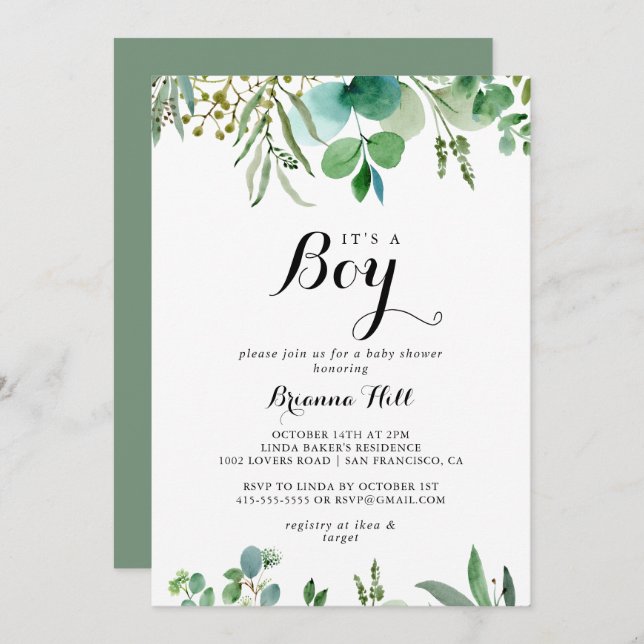 Convite Greenery Eucalyptus Foliage É um Chá de fraldas (Frente/Verso)