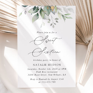 Convite Greenery, Eucalyptus Leaves, Boho, Sweet 16